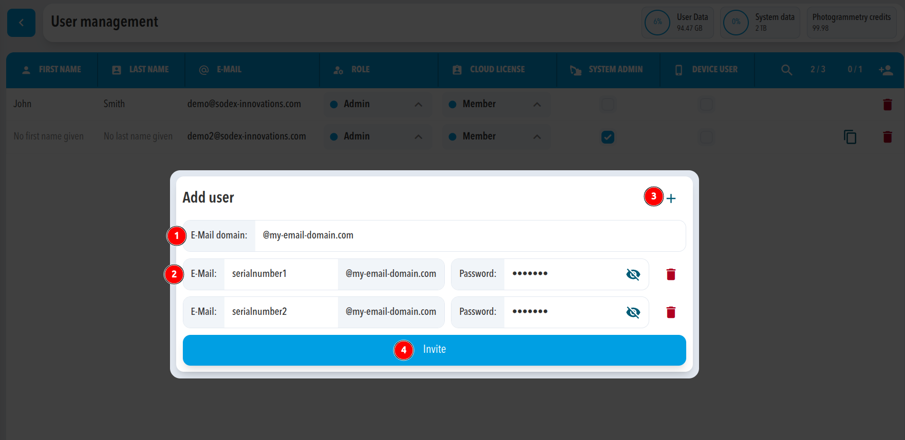 Displays the user entry popup where email and password fields are filled for one or more device users.