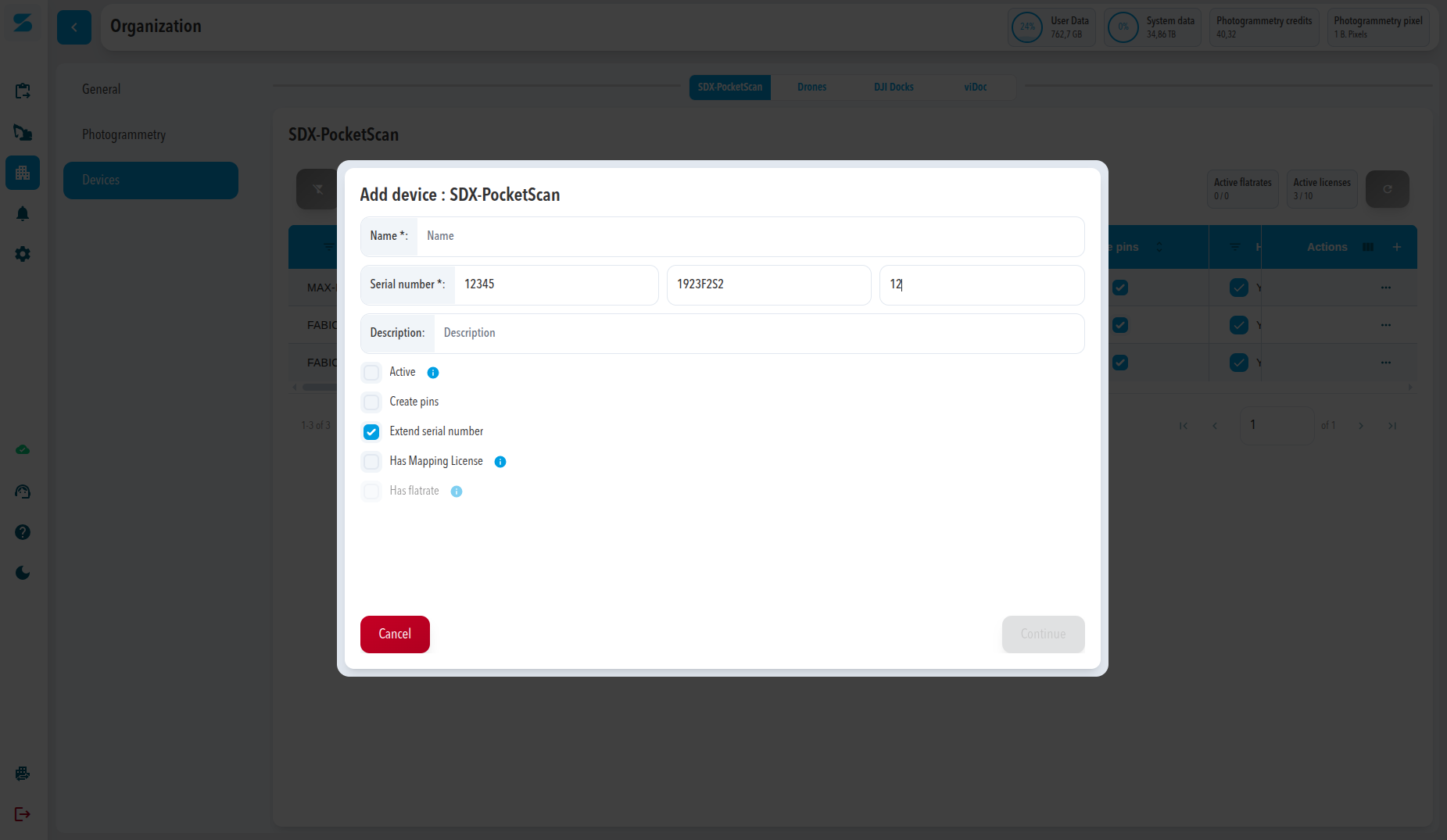 Add PocketScan device dialog (includes license type selection and extended serial number handling)