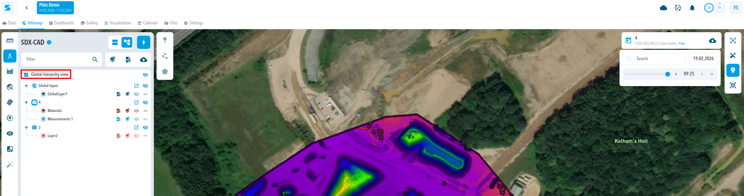Screenshot showing the Global Hierarchy toggle in the Hierarchy View with layers from multiple snapshots visible.