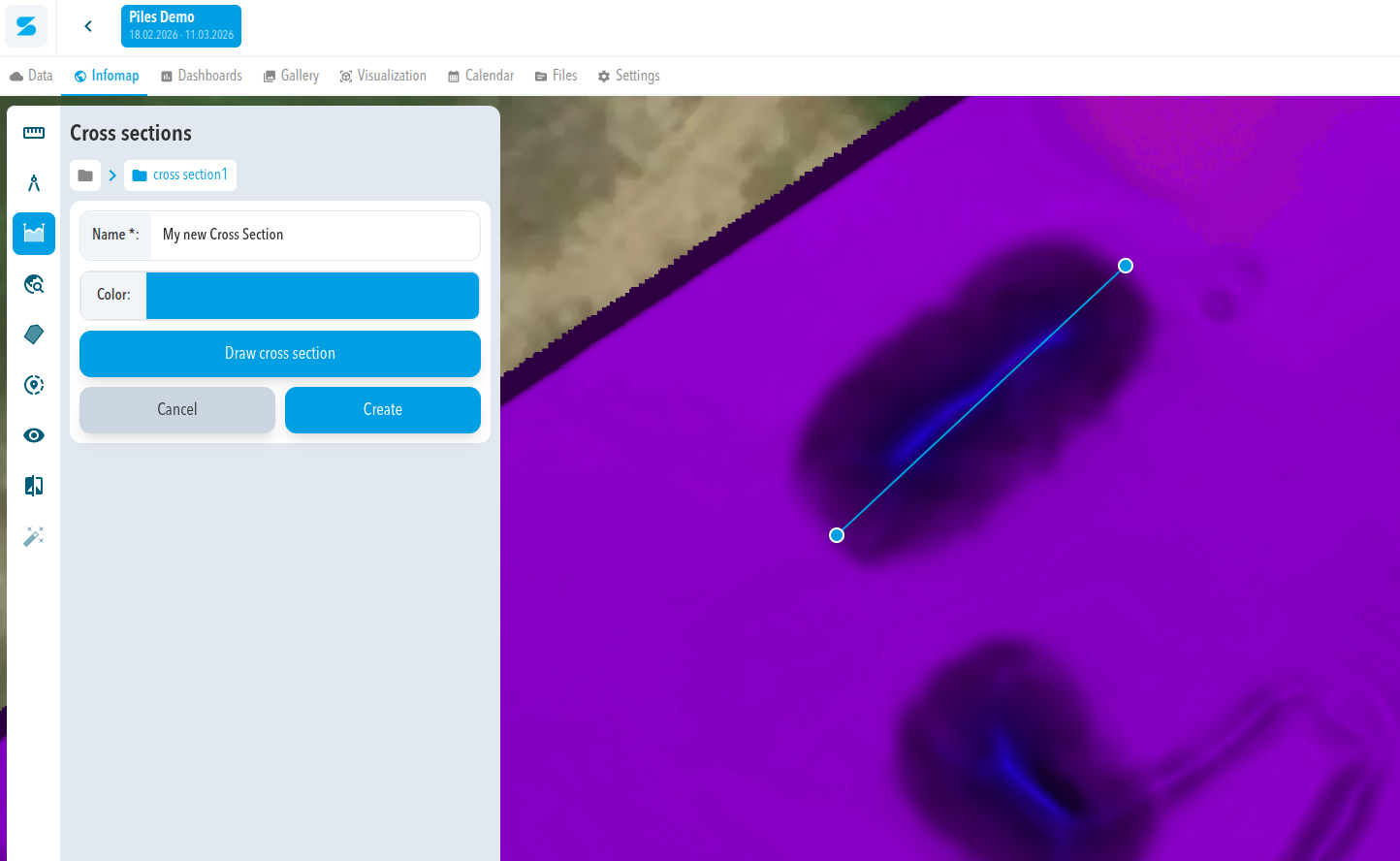 Map with two points selected and cross-section create panel